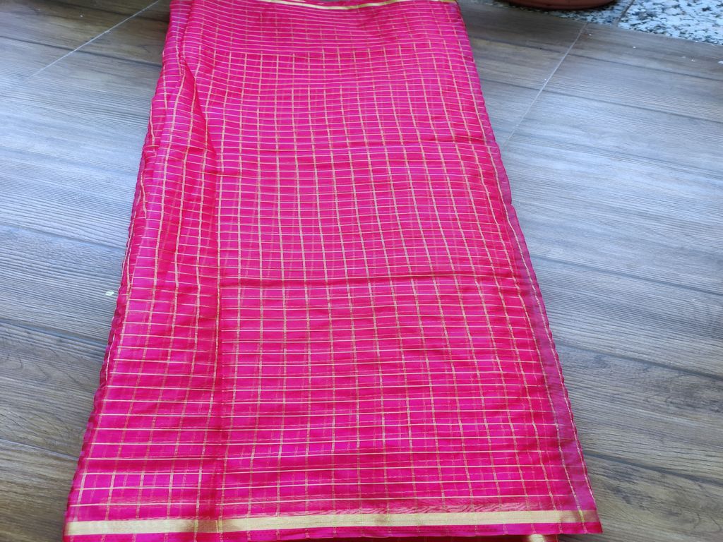 Magenta With Golden Banarsi Checks and Double Sided Border Organza