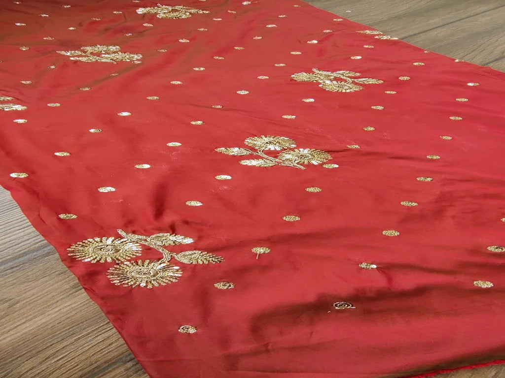 Maroon With Golden Sequins And Dori Floral Motifs Taffeta Silk