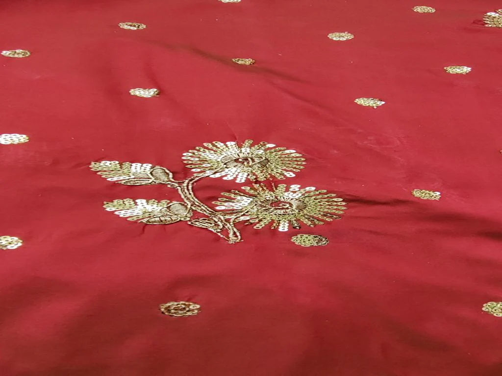 Maroon With Golden Sequins And Dori Floral Motifs Taffeta Silk