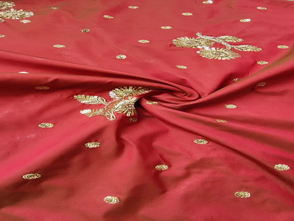 Maroon With Golden Sequins And Dori Floral Motifs Taffeta Silk