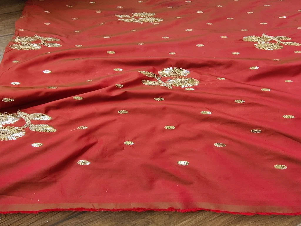 Maroon With Golden Sequins And Dori Floral Motifs Taffeta Silk