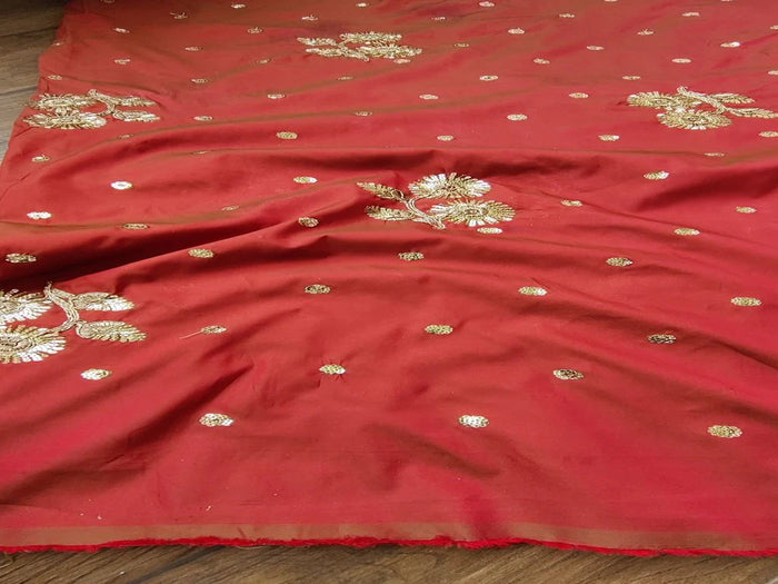 Maroon With Golden Sequins And Dori Floral Motifs Taffeta Silk