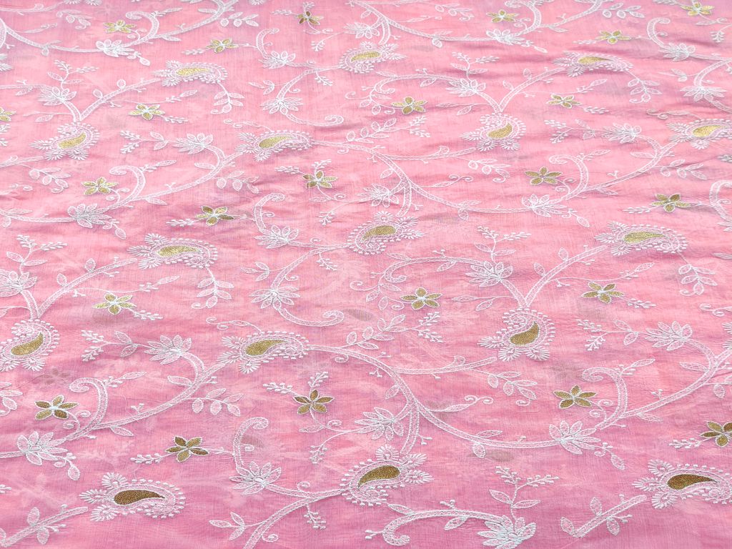 Baby Pink Chikankari Embroidered Chanderi Fabric