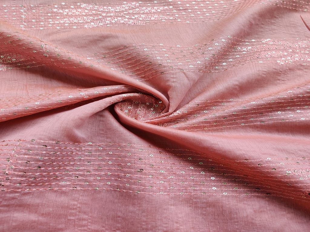 Peach Silver sequins Embroidered Chanderi Fabric