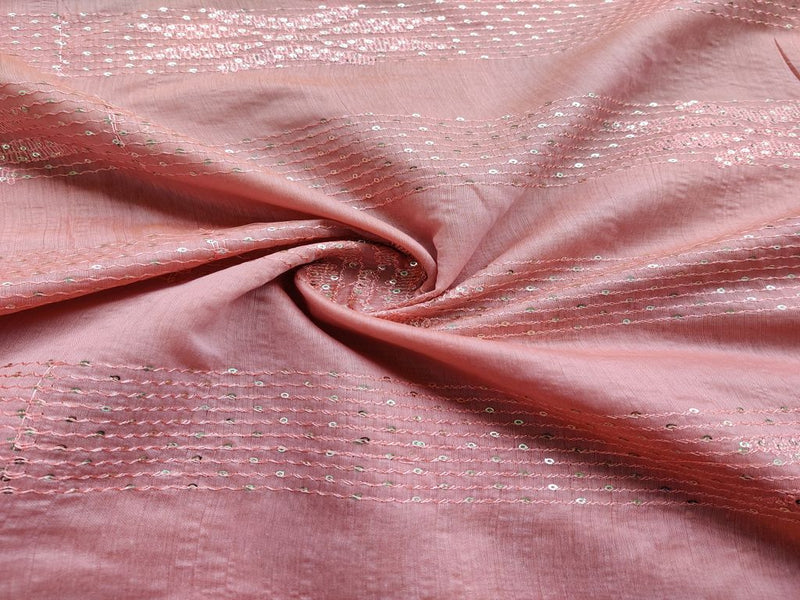 Peach Silver sequins Embroidered Chanderi Fabric