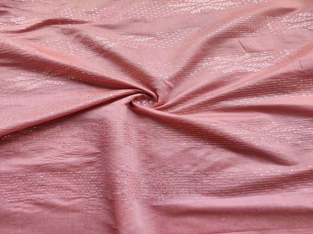 Peach Silver sequins Embroidered Chanderi Fabric