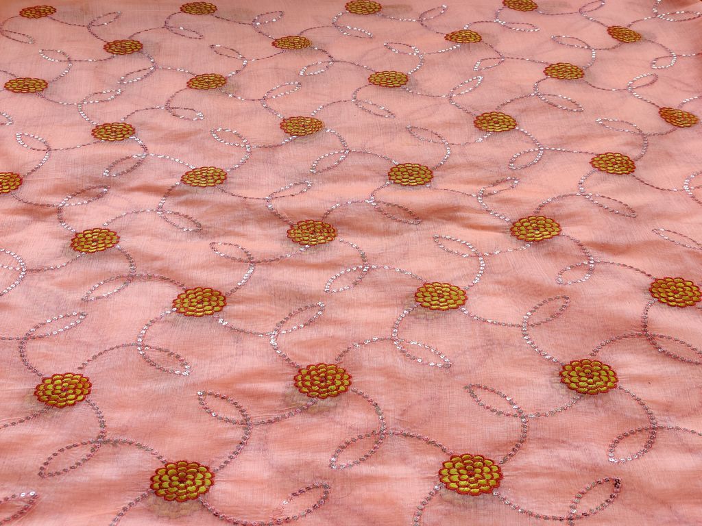 Bright Peach With Silver Embroidered Sequins Work Chanderi Fabric