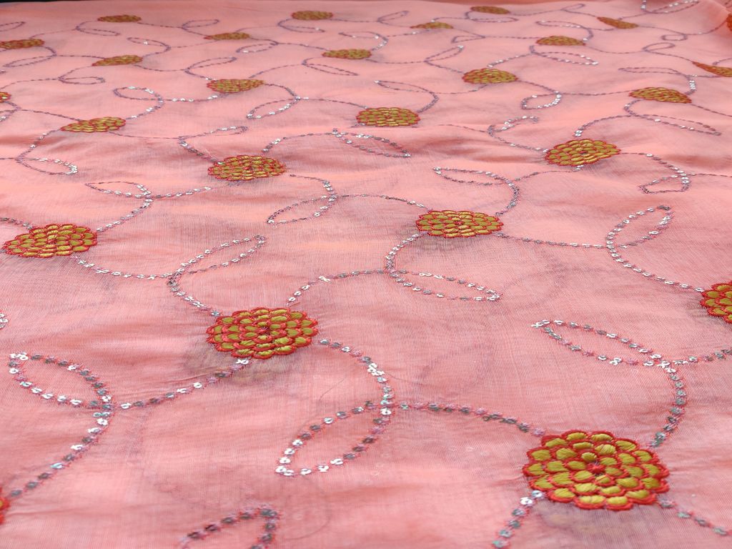 Bright Peach With Silver Embroidered Sequins Work Chanderi Fabric