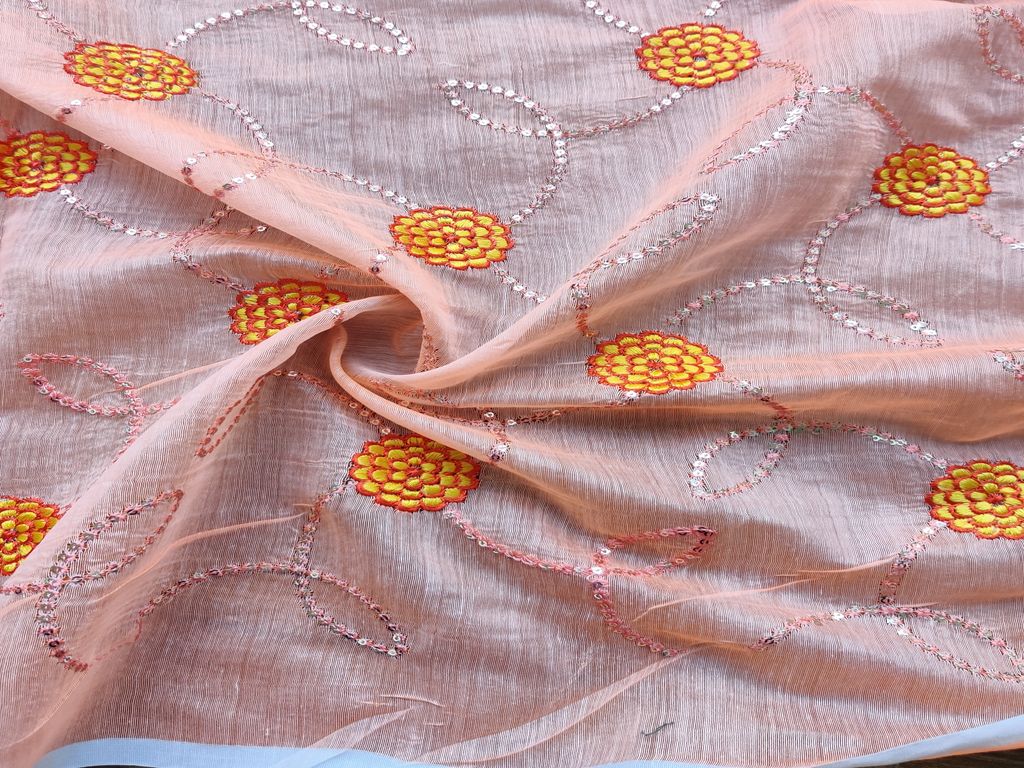 Bright Peach With Silver Embroidered Sequins Work Chanderi Fabric