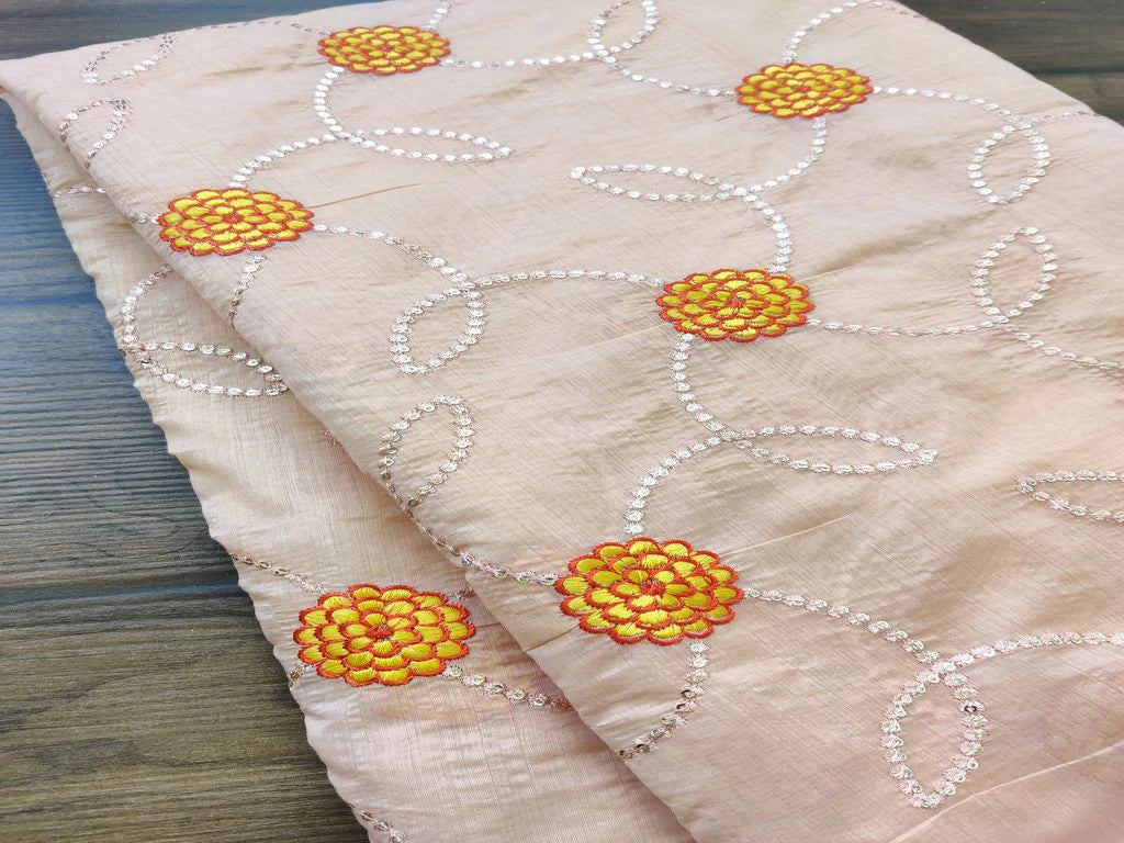 Peach With Silver Sequins And Yellow Thread Embroidery Chanderi Fabric