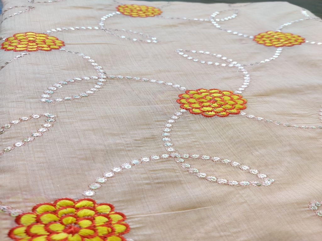 Peach With Silver Sequins And Yellow Thread Embroidery Chanderi Fabric