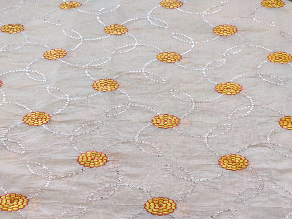 Peach With Silver Sequins And Yellow Thread Embroidery Chanderi Fabric