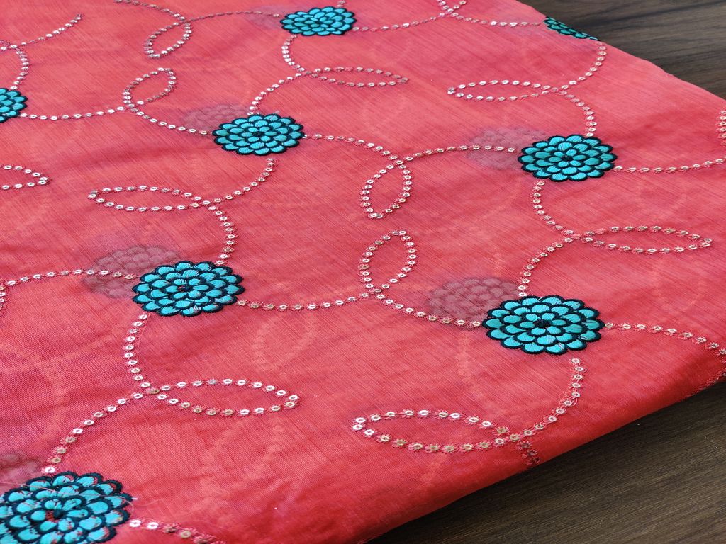 Pink With Blue Thread & Silver Sequins Embroidery Work Chanderi Fabric