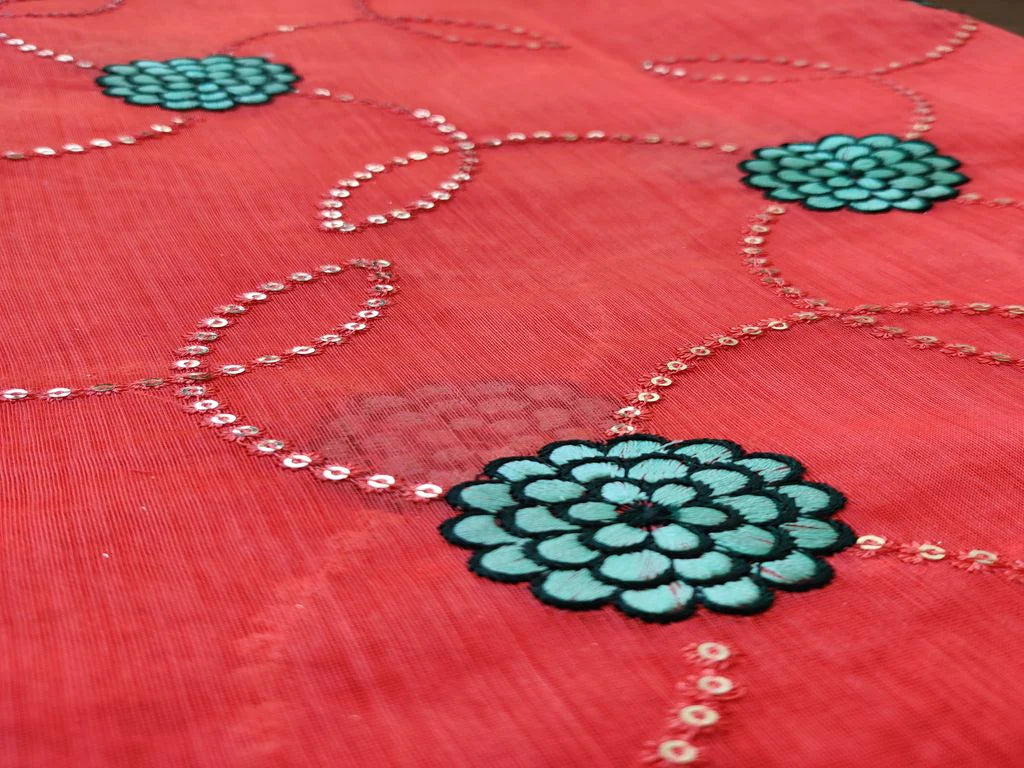 Pink With Blue Thread & Silver Sequins Embroidery Work Chanderi Fabric