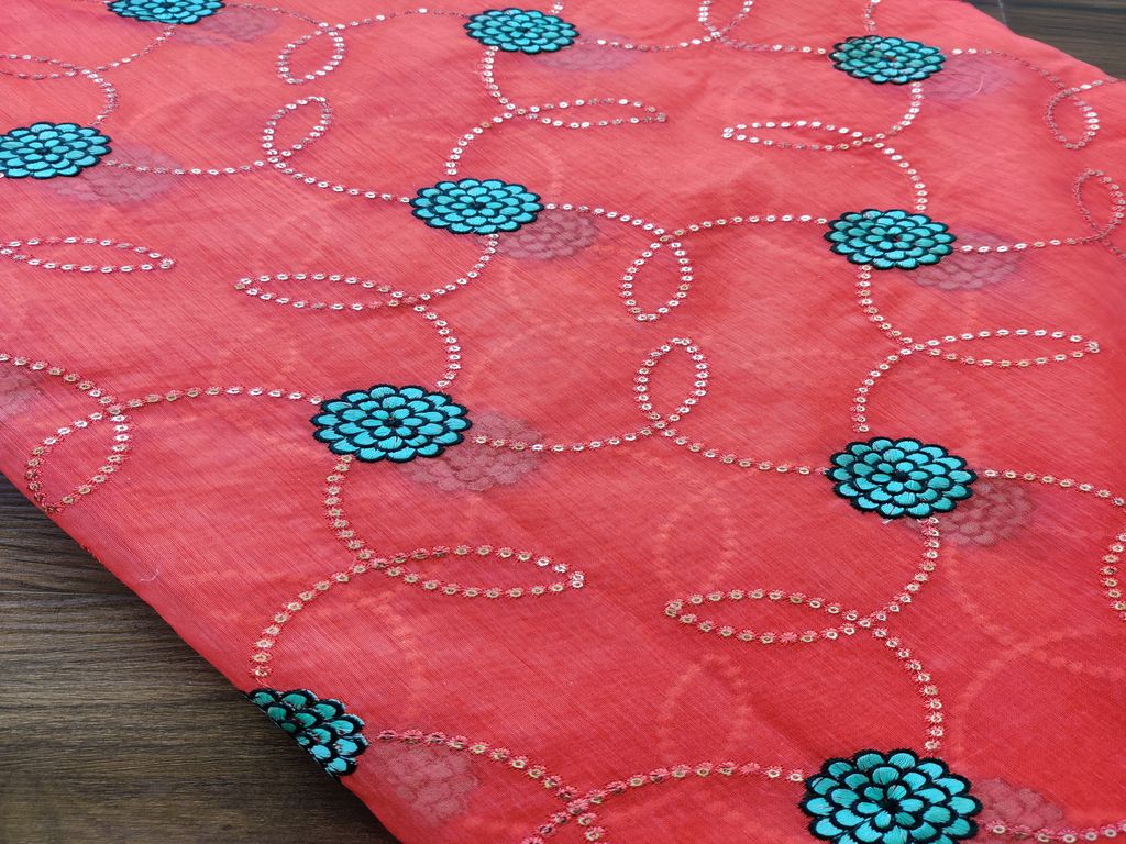 Pink With Blue Thread & Silver Sequins Embroidery Work Chanderi Fabric