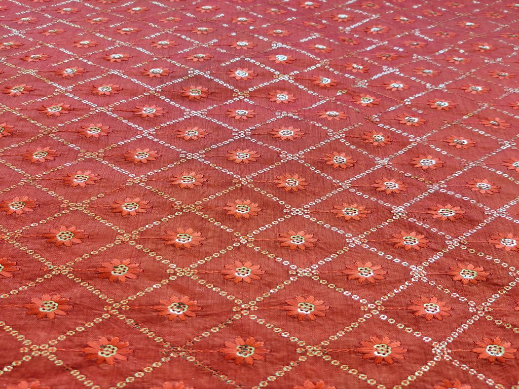 Saffron Orange Chanderi With Thread And Golden Sequins Embroidered Motifs Fabric