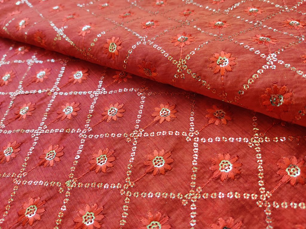 Saffron Orange Chanderi With Thread And Golden Sequins Embroidered Motifs Fabric