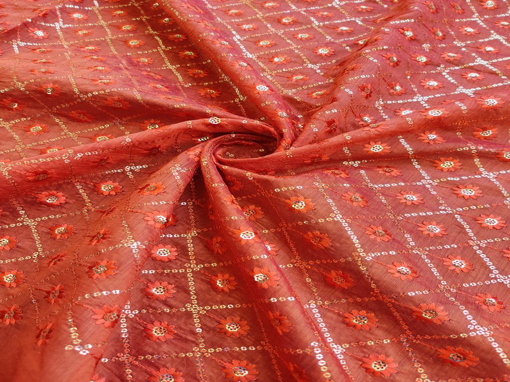 Saffron Orange Chanderi With Thread And Golden Sequins Embroidered Motifs Fabric