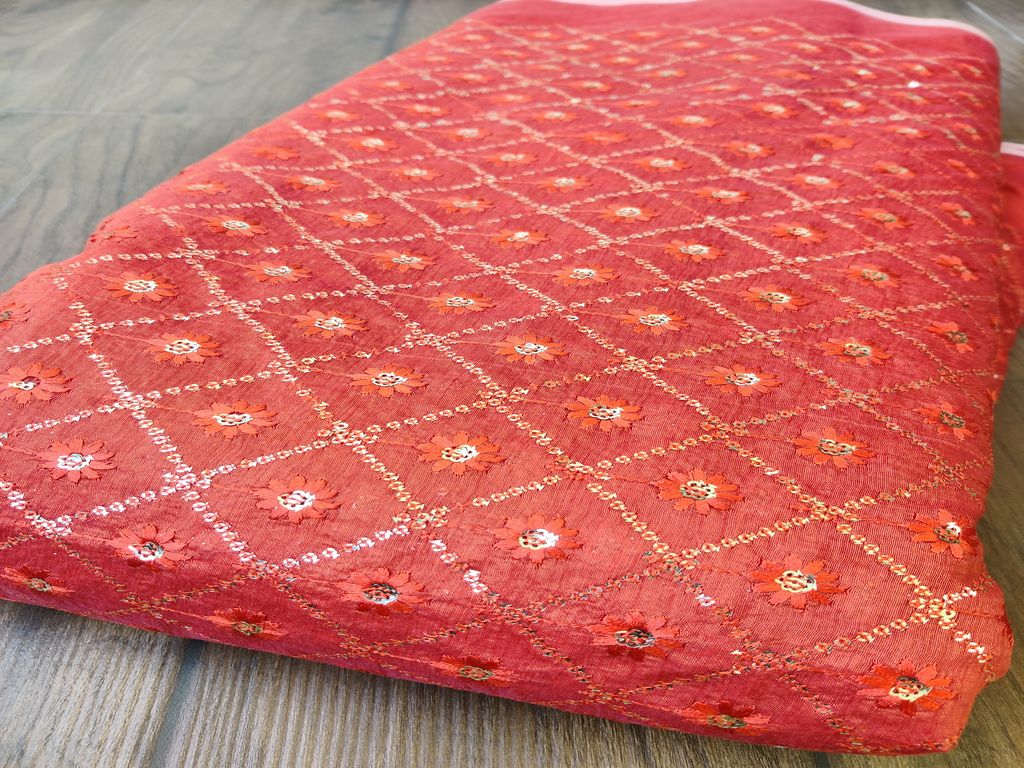 Saffron Orange Chanderi With Thread And Golden Sequins Embroidered Motifs Fabric