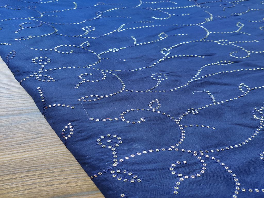 Navy Blue Silver Sequins Embroidered Chanderi Fabric