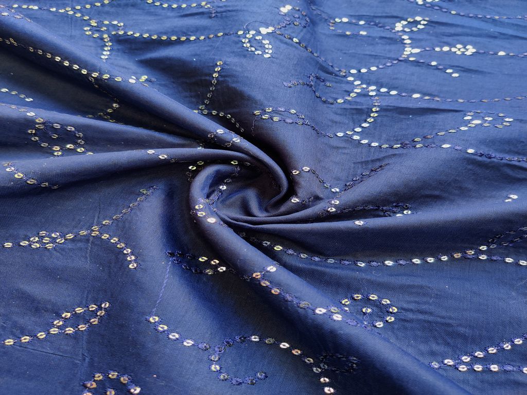 Navy Blue Silver Sequins Embroidered Chanderi Fabric