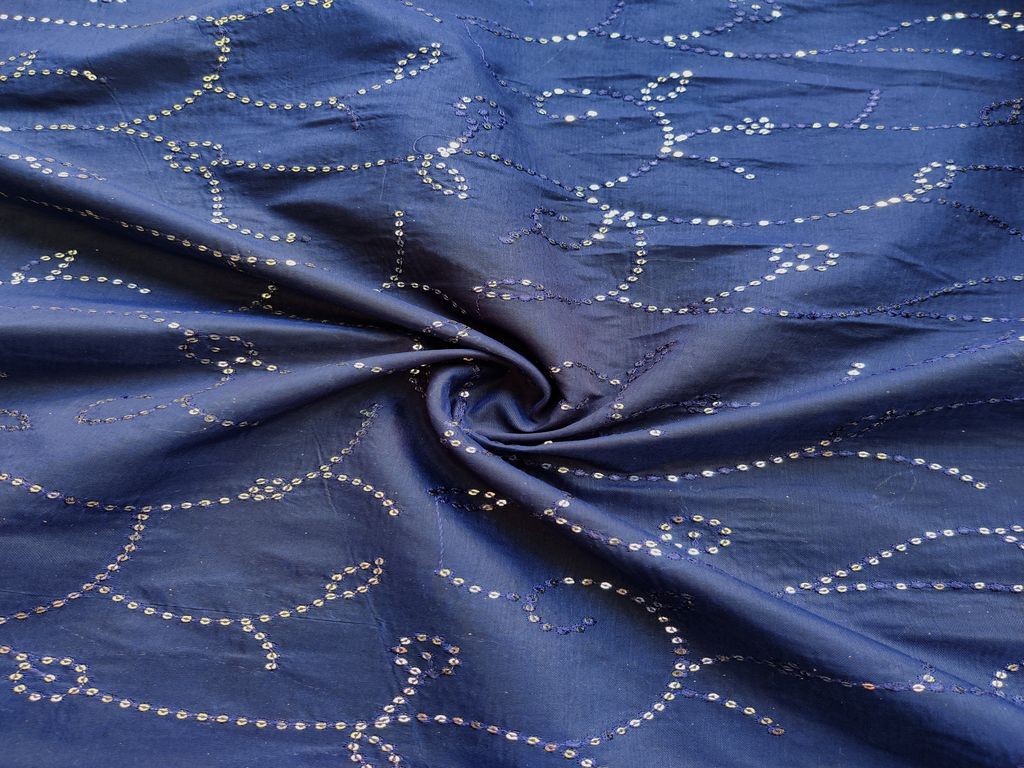 Navy Blue Silver Sequins Embroidered Chanderi Fabric