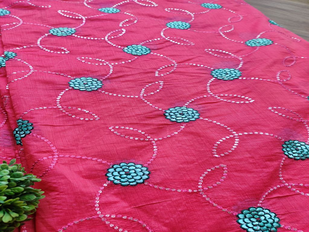 Pink Thread And Sequins Embroidered Chanderi Fabric