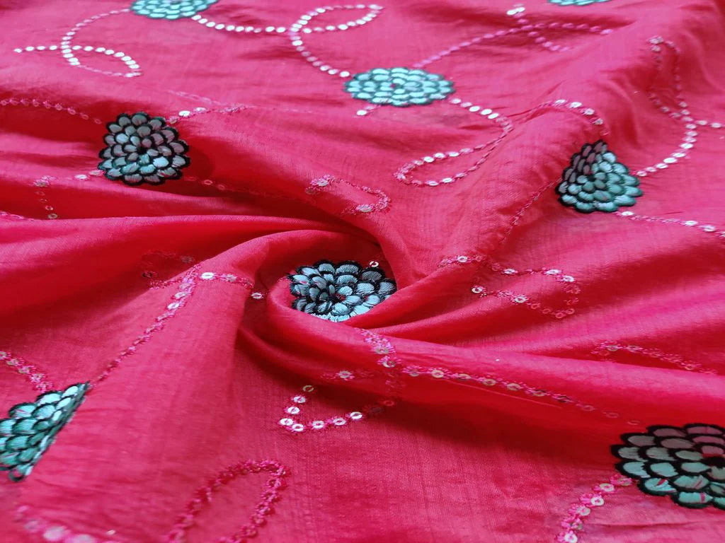 Pink Thread And Sequins Embroidered Chanderi Fabric