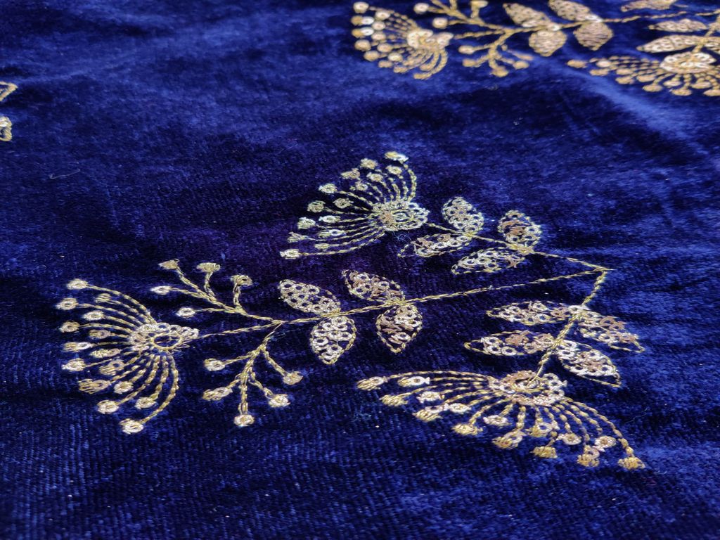 Navy Blue Golden Sequins Embroidered Velvet Fabric