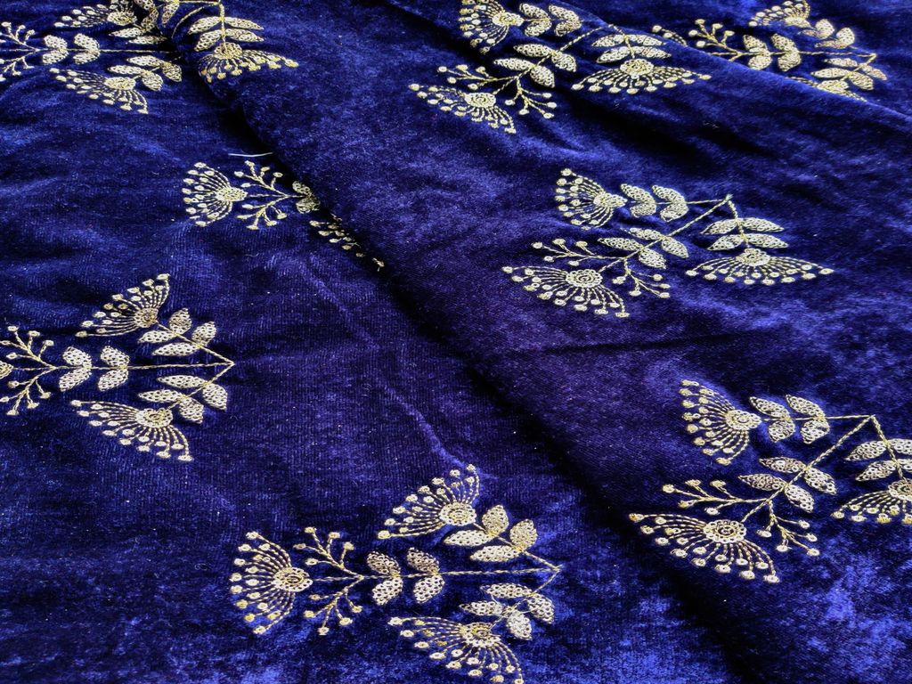 Navy Blue Golden Sequins Embroidered Velvet Fabric