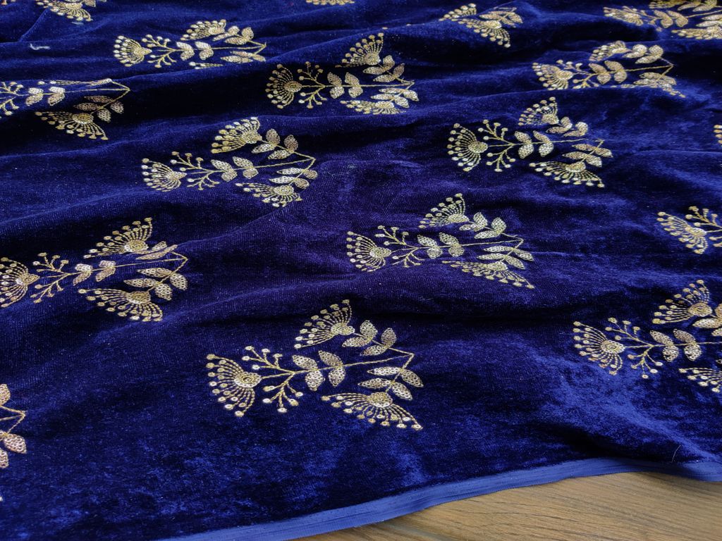Navy Blue Golden Sequins Embroidered Velvet Fabric