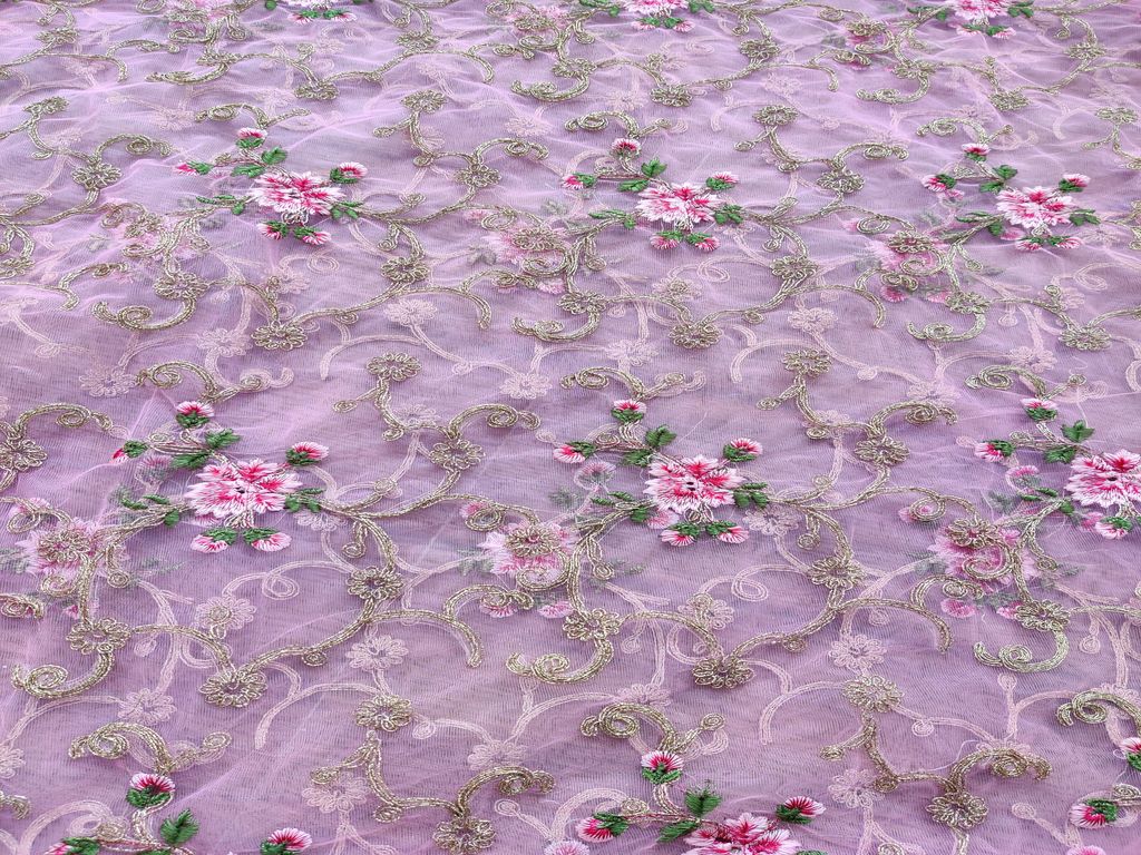 Pink Golden Dori Jaal And Thread Motifs Embroidered Net Fabric