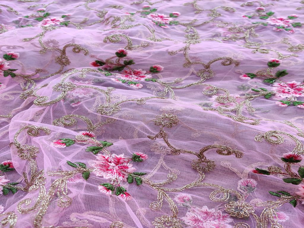 Pink Golden Dori Jaal And Thread Motifs Embroidered Net Fabric