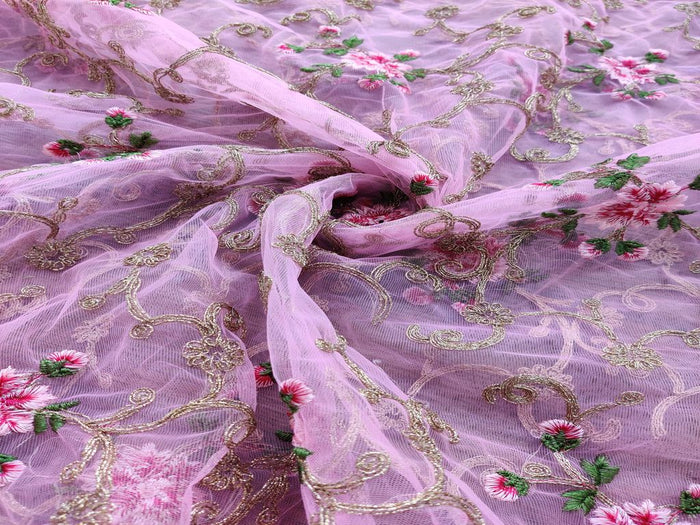 Pink Golden Dori Jaal And Thread Motifs Embroidered Net Fabric