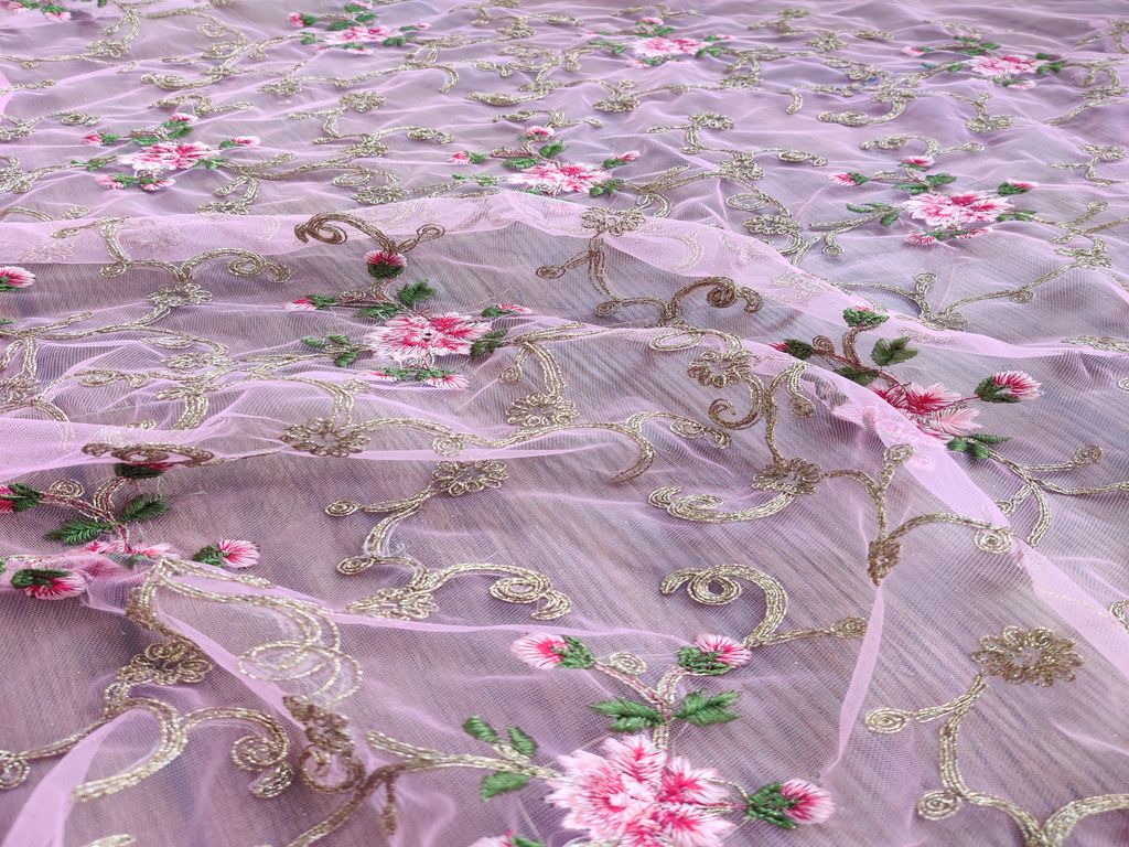 Pink Golden Dori Jaal And Thread Motifs Embroidered Net Fabric