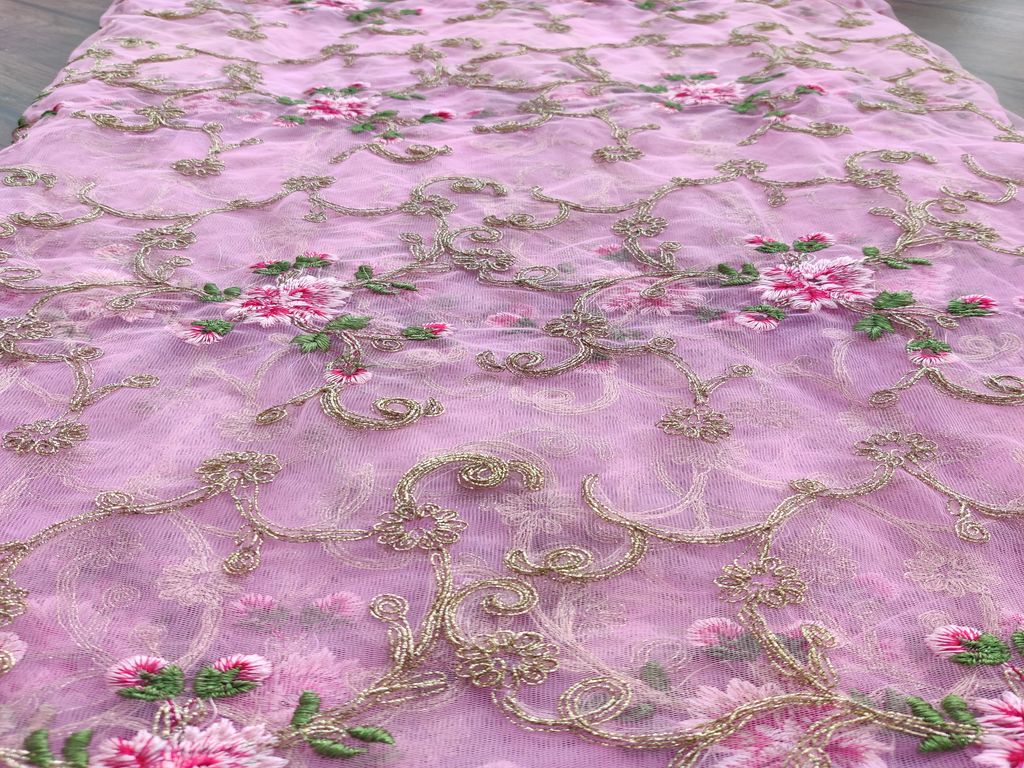 Pink Golden Dori Jaal And Thread Motifs Embroidered Net Fabric