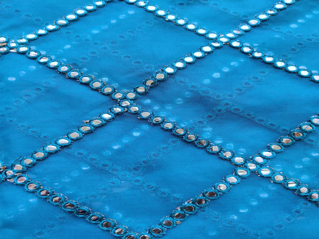 Blue Organza Fabric With Embroidered Silver Faux Mirror Work