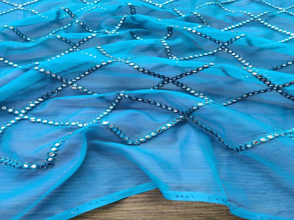 Blue Organza Fabric With Embroidered Silver Faux Mirror Work