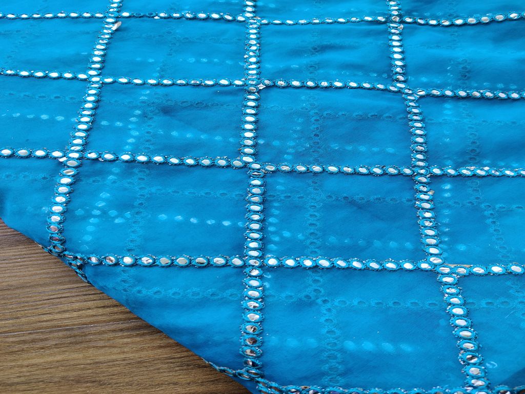 Blue Organza Fabric With Embroidered Silver Faux Mirror Work