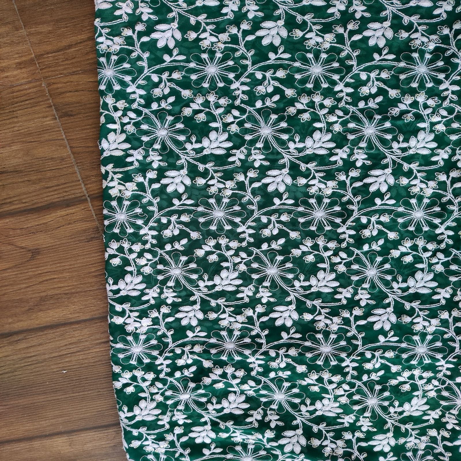 Dark Green Floral Sequins Chikankari Embroidered Georgette Fabric