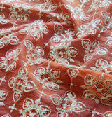 Orange & White Traditional Sequins ChikanKari Embroidered Chanderi Fabric