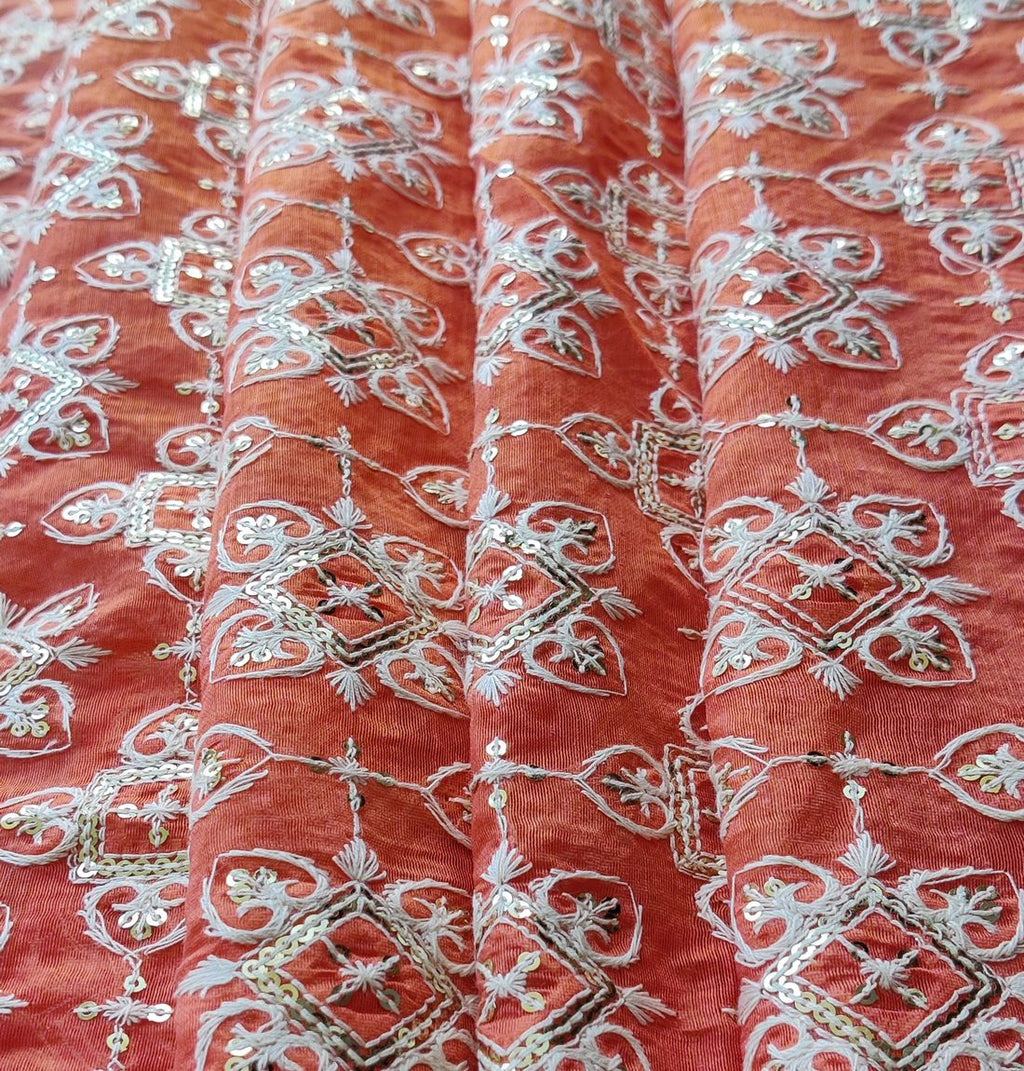 Orange & White Traditional Sequins ChikanKari Embroidered Chanderi Fabric