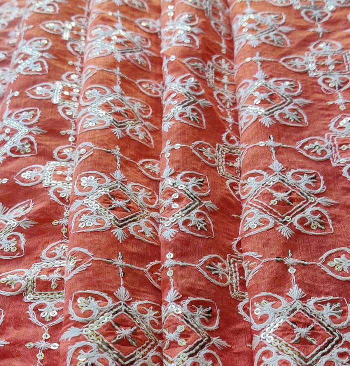 Orange & White Traditional Sequins ChikanKari Embroidered Chanderi Fabric