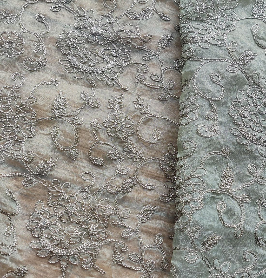 Green & Golden Floral Pitta Organza Fabric