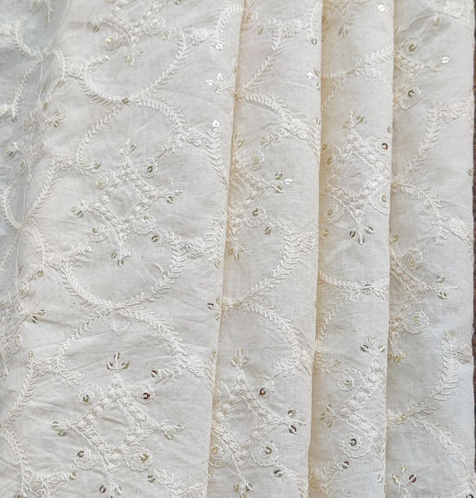 White Traditional Dyeable Lakhnawi Sequins Cotton Fabric