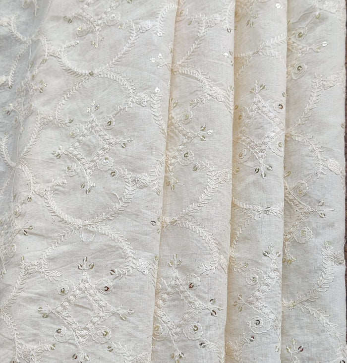 White Traditional Dyeable Lakhnawi Sequins Cotton Fabric