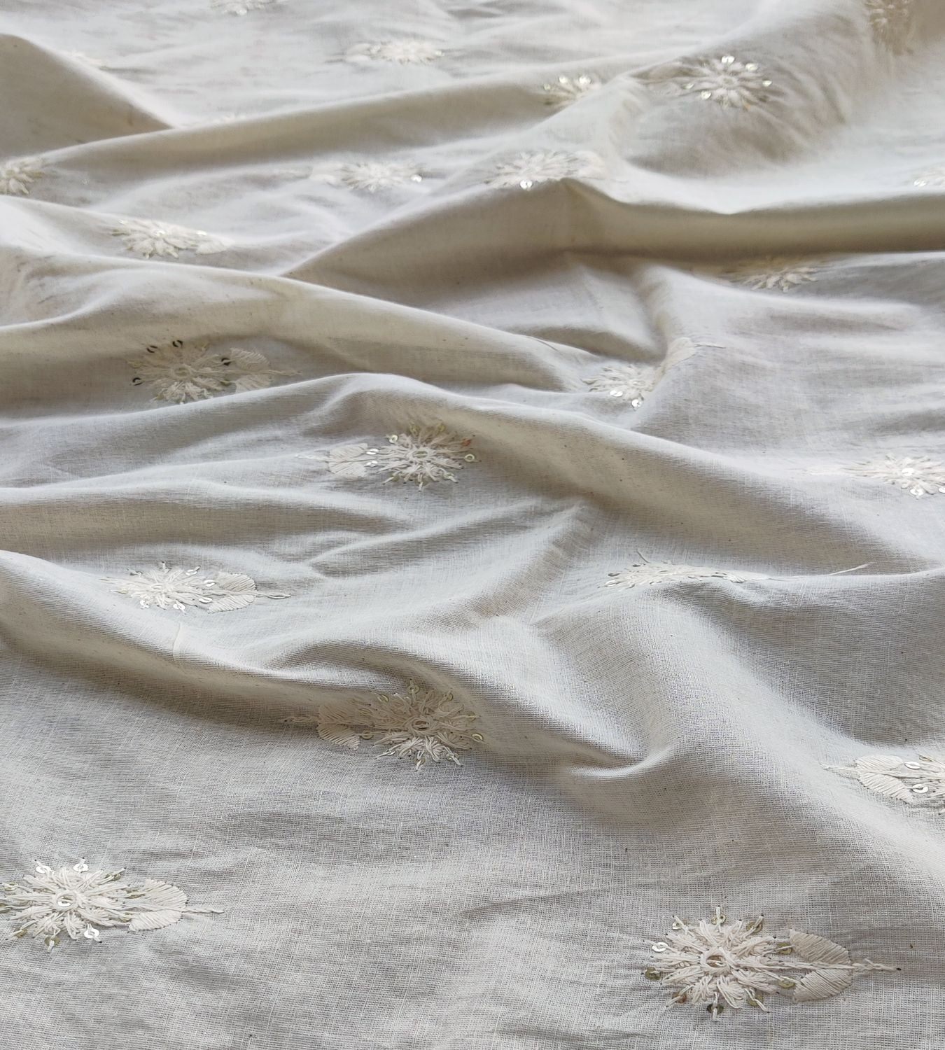 Off-White Floral Dyeable Cotton Sequins Fabric