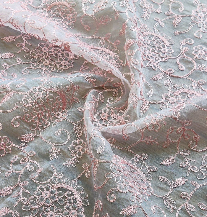 Baby Pink Floral Embroidered Organza Fabric