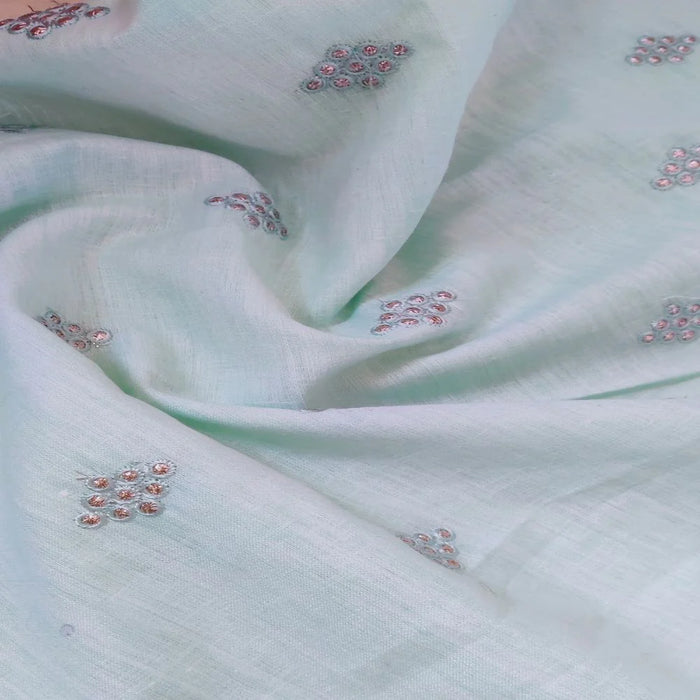 Light Mint Green Motifs Embroidered Zardozi Cotton-Linen Fabric