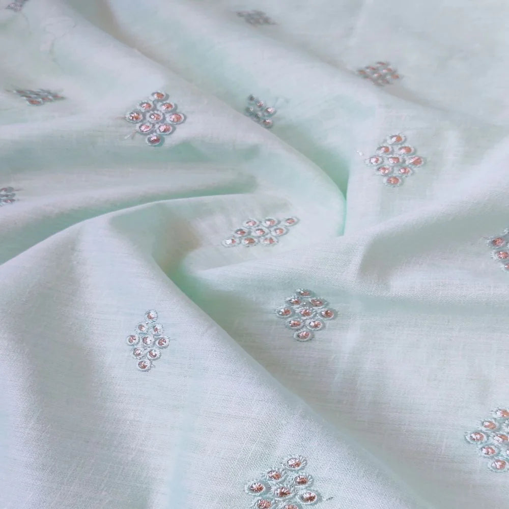 Light Mint Green Motifs Embroidered Zardozi Linen Fabric